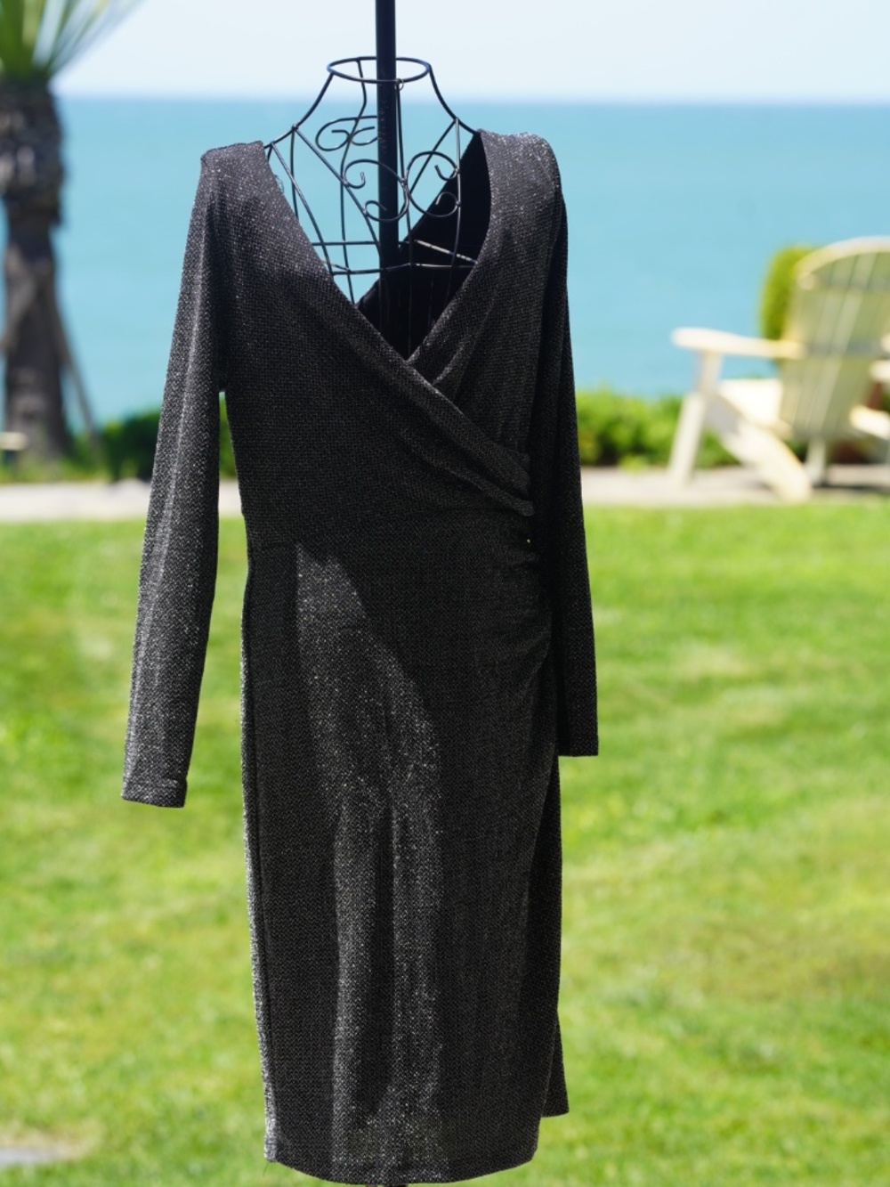 Calvin Klein Metallic Shimmer Long Sleeve Faux Wrap Dress M/L